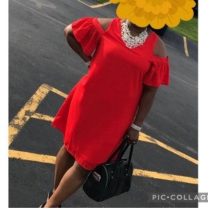 Beautiful red-orange dress, peep shoulders, flare arm, size 16